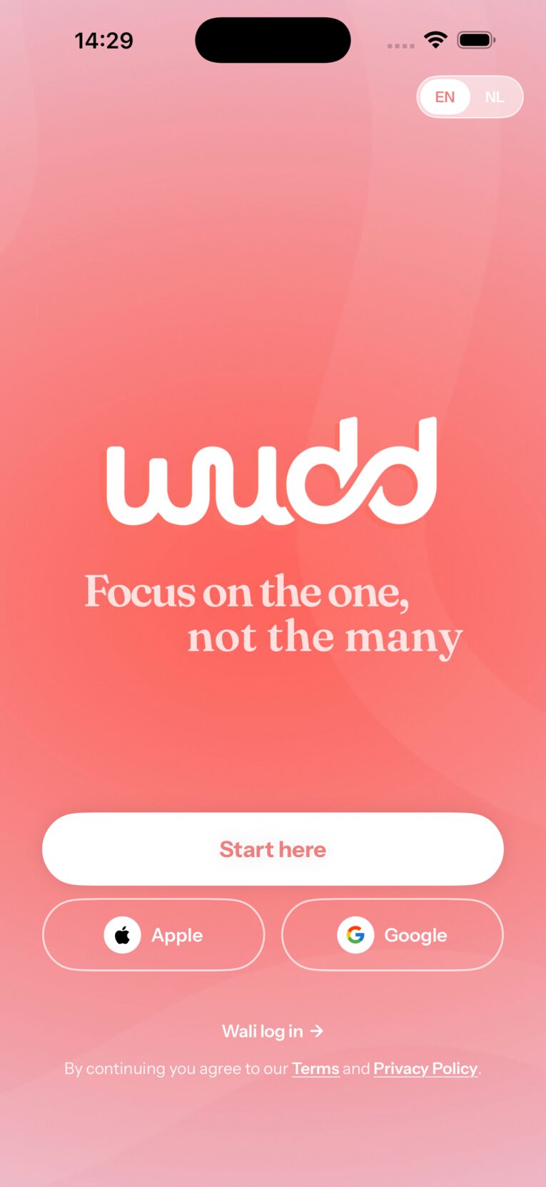 Wudd app — the opening screen: Focus on the one, not the many